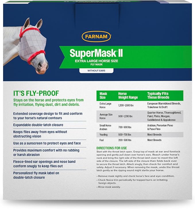 Farnam SuperMask II Fly Mask Without Ears for Larger Horses, Full Face Coverage and Eye Protection from Insect Pests, Structured Classic Styling Mesh with Plush Trim, XL Size-PawvioPets