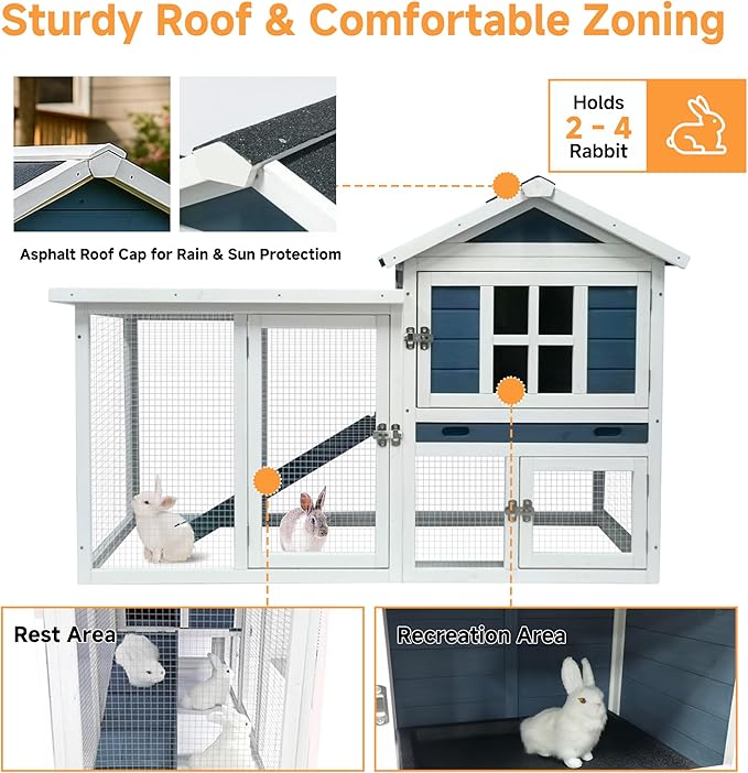 GARWOOD Large Outdoor Indoor Rabbit Hutch Wooden Bunny Rabbit Cage 2-Story with Run No-Leak Pull-Out Tray Waterproof Asphalt Roof Ramp for Guinea Pig Small Animal Wood Pet House Home Blue White-PawvioPets