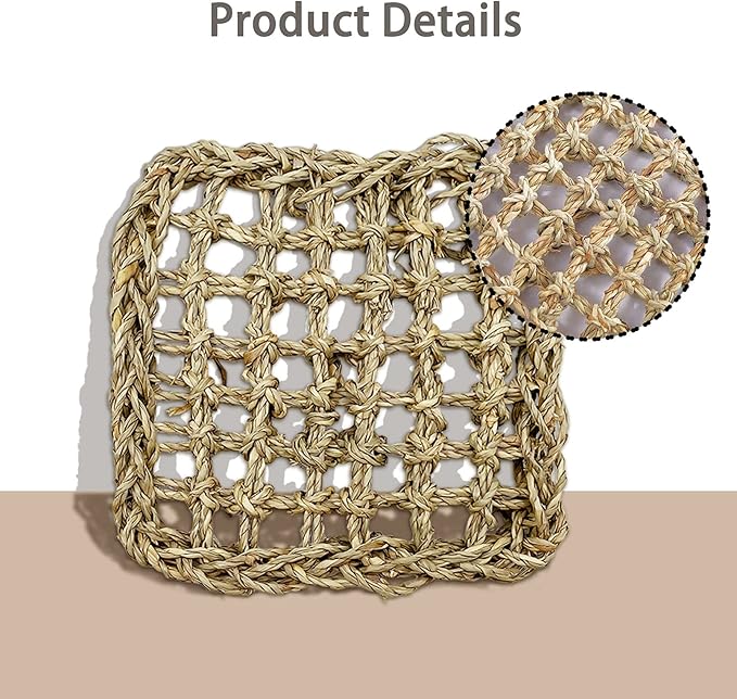 BNOSDM Bird Seagrass Mat, 3 PCS 7.1 x 7.1 Inches Parrot Natural Seagrass Woven Bird Net Hammock Mat, Parakeet Climbing Rope Ladder Chew Toys Hut Hideout for Lovebird Cockatiel Conure Budgie-PawvioPets