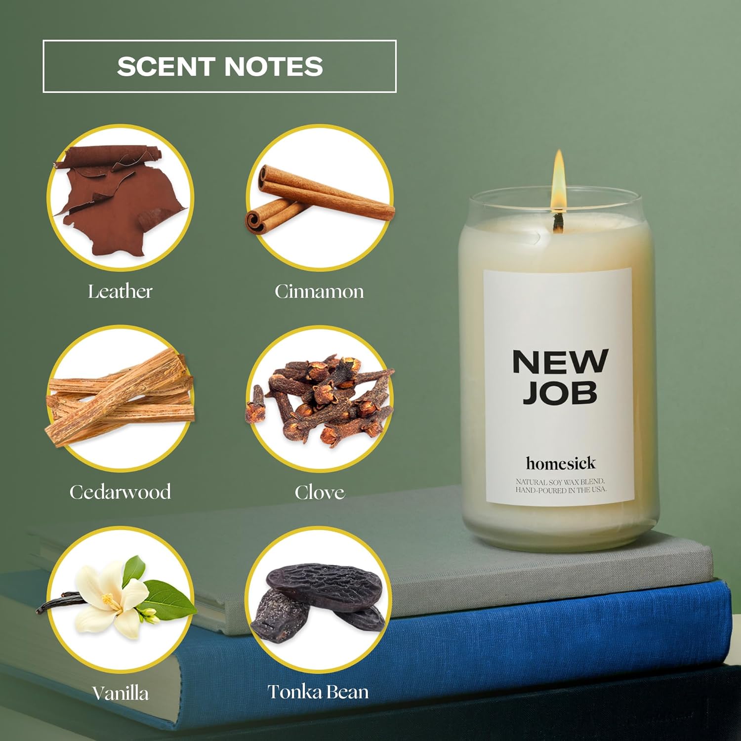 Homesick New Job Scented Candle - 13.75 oz Leather & Cinnamon Scented Natural Soy Wax Blend, Coworker Leaving Gifts for Friends, Goodbye, Going Away, New Beginnings & Congrats on New Job Candle Gift