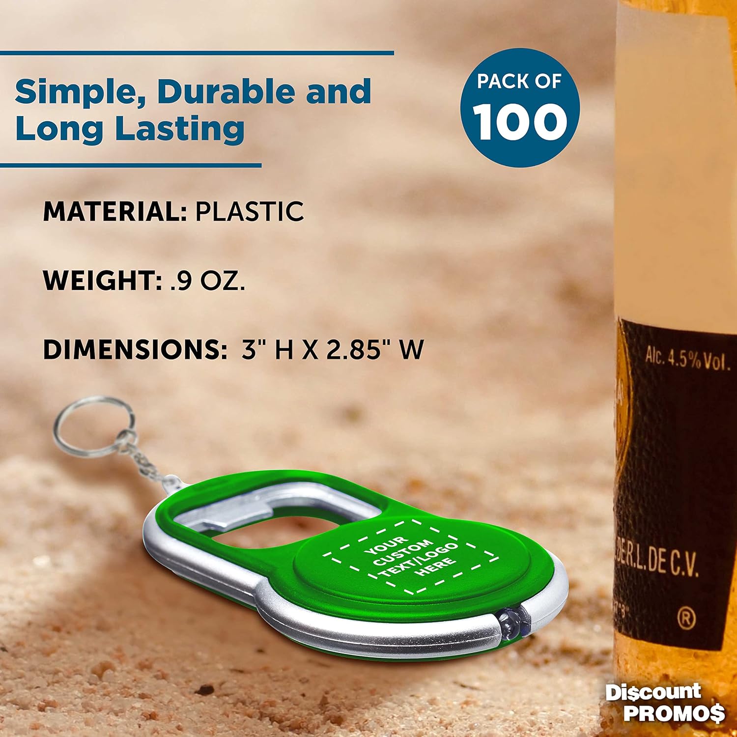 DISCOUNT PROMOS Custom Bottle Opener & LED Keychains Set of 100, Personalized Bulk Pack - Perfect for Tradeshows, Party Favors, Other Events - Green