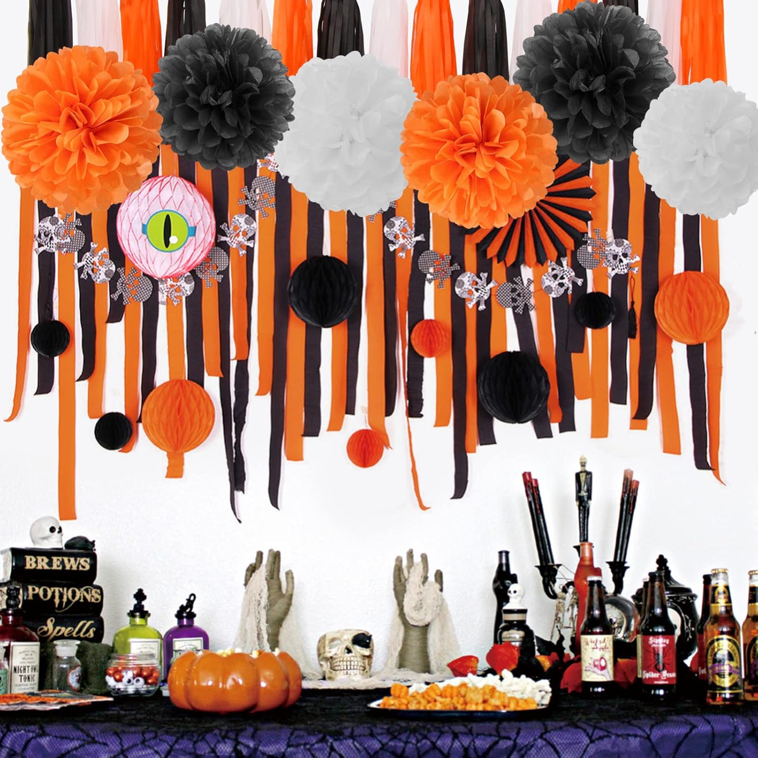 Black White Orange Halloween Party-Decorations - 23pcs Tissue Pom Poms Streamers,Tassel Garland Banner,Graduation 2025 Birthday Wedding Baby Bridal Shower Decor Bunting Lasting Surprise