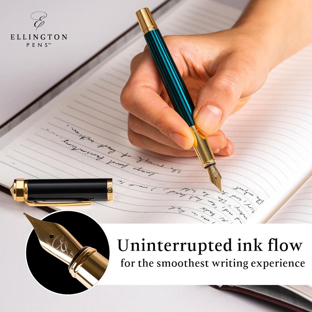 Ellington Pens Luxury Fountain Pen Set- Fountain Pens for Writing - Smooth Extra Fine Nib - Includes Refillable Ink Converter, 3 Ink Cartridges [Black & Blue], Gift Box - Elegant Calligraphy