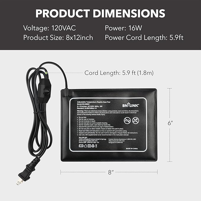 BN-LINK Reptile Heating Pad 6"X8" with Adjust Knob, Adjustable Temperature Under Tank Heater for Reptiles, Indoor Terraium Heating Mat for Turtles, Lizard, Snakes, Frogs, and Other Reptiles-PawvioPets