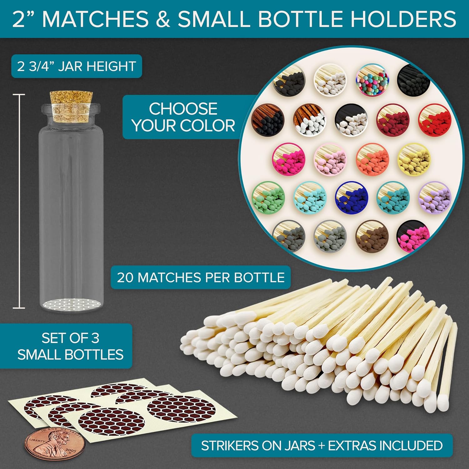 Thankful Greetings 2" Matches in 3 Glass Bottles Cork Top, Striker Stickers Included | 60 Matchsticks Color of Your Choice | Decorative Safety Matches w/Small Glass Holder | Gifts & Home Decor