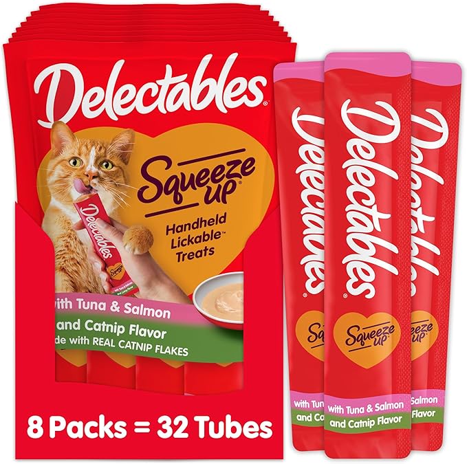 Delectables Squeeze Up Creamy Squeezable Puree, Lickable Wet Cat Treats, Grain Free, No Added Fillers, No By-Products, No Added Preservatives, 0.5 Ounces Tube Tuna & Salmon with Catnip, 32 Tubes Total-PawvioPets
