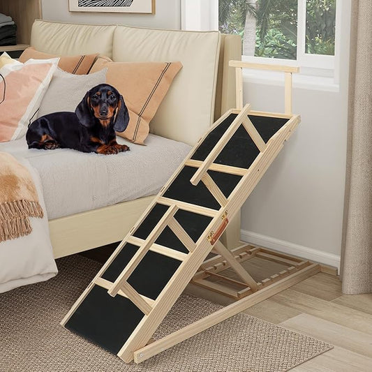 Dog Ramp for Bed PANTAZO Adjustable Ramps for Small Dogs to Get on Bed, Up to 28.5 Inches, 48'' Long,120lbs with Anti-Slip Grip & Safety Rail-PawvioPets