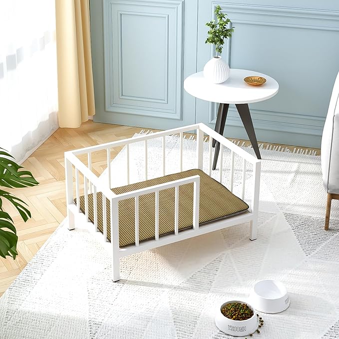 Dog Bed with Rails - Elevated Pet Metal Bed Frame with Solid Wood Board and Washable Soft Mat for Small Dog Indoor or Outdoor Use, 21.3" x 30 ", White-PawvioPets