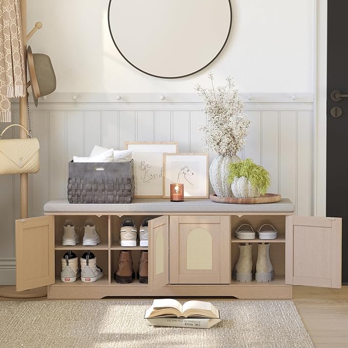 DINZI LVJ Shoe Bench, Entryway Storage Bench with Doors, Cushion, 2-Tier Shoe Rack with 8-Cubby, 47.2”L x 13.8”W Shoe Organizer Cabinet, Adjustable Shelf, Living Room, Bedroom, Natural with Rattan-PawvioPets