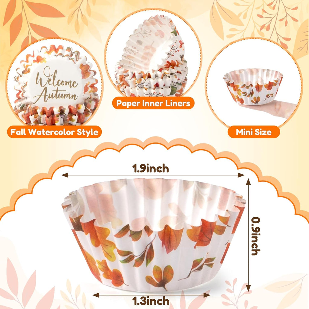 COcnny Fall Mini Cupcake Liners - 600pcs Autumn Watercolor Muffin Paper Cupcakes Baking Cups Wrappers, Pumpkin Maple Leaf Case Cake Wrap Making Supplies for Fall Thanksgiving Party (10 Styles)