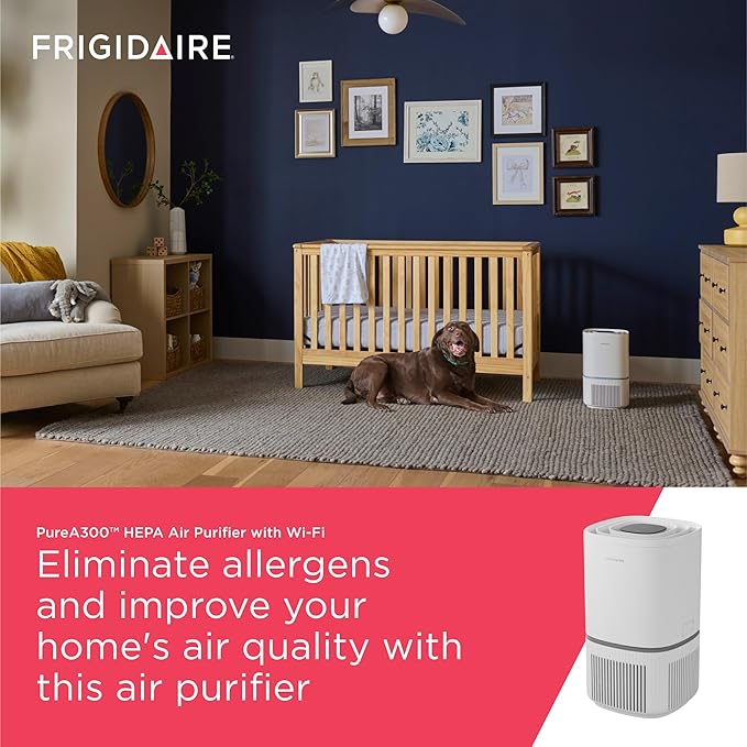 Frigidaire PureA300 HEPA Air Purifier with Wi-Fi for Small Bedrooms, Covers up to 850 Sq. Ft., 3-Stage Filtration, Energy Star Certification, Air Quality Monitoring, Smart Mode, Ultra Quiet, White-PawvioPets