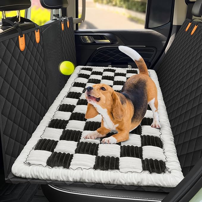 Backseat Pet Bed Mat, Non-Slip Plaid Dog Bed for Car Back Seat, Flannel Backseat Dog Bed, Fit for Backseat Extenders and Trucks SUVs (Black&White, 24.8x54 inch)-PawvioPets