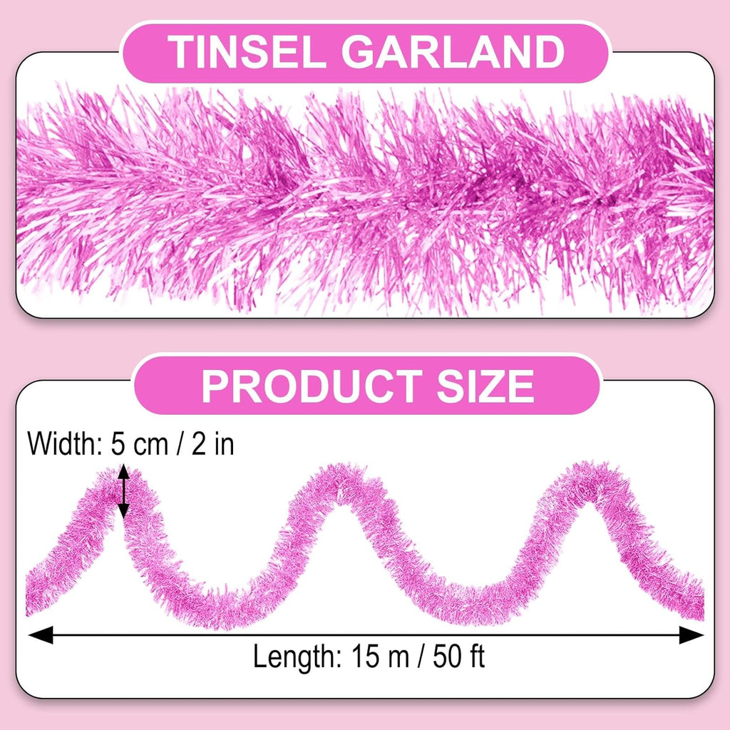 50 Feet Macaron Pink Christmas Tinsel Garland, Metallic Foil Twist Garland Wall Hanging Tinsel Banner Backdrop for Parade Floats, Easter, Mother's Day, Wedding Party Decorations (2in x 50ft)