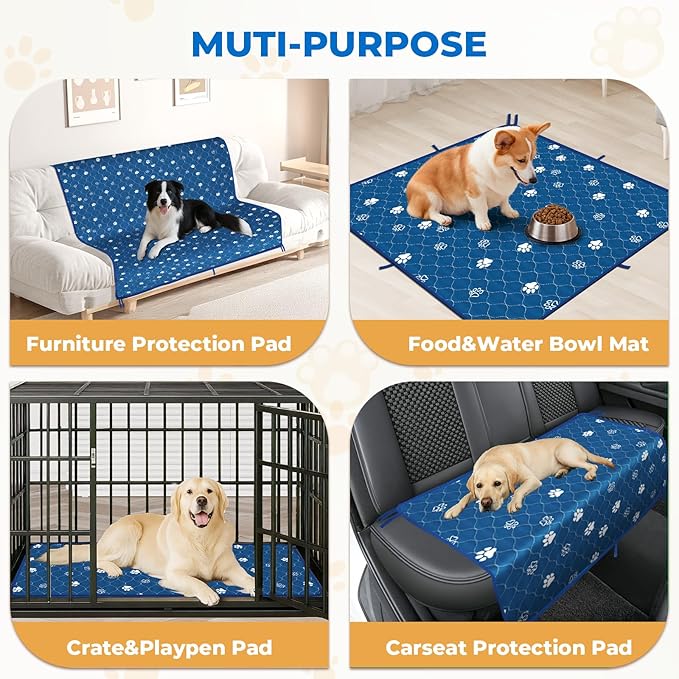 Fostanfly Washable Pee Pads for Dogs, 2 Pack Large 36"x48" Ultra-Absorbent and Leak-Proof Non-Slip Reusable Potty Training Pads for Dogs, Puppy & Cats of Add 8 Lanyards-Blue-PawvioPets