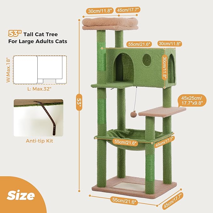 54” Cat Tree for Large Cats Big Cat Tower with Enlarged Hammock 21.6x17.7” Spacious Cats Condo House, Roomy Top Bed,Multiple Scratch Posts and Pad for Indoor Adult Cats (Green, Large-54)-PawvioPets