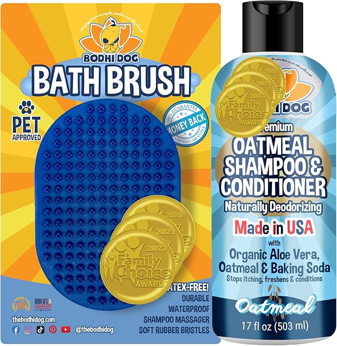 Bodhi Dog Grooming Bundle - Oatmeal Shampoo & Conditioner with Bath Brush - Pet Shower Supplies for Dogs and Cats - Gentle Care for Long, Short & Curly Hair, Safe and Effective, Made in USA-PawvioPets