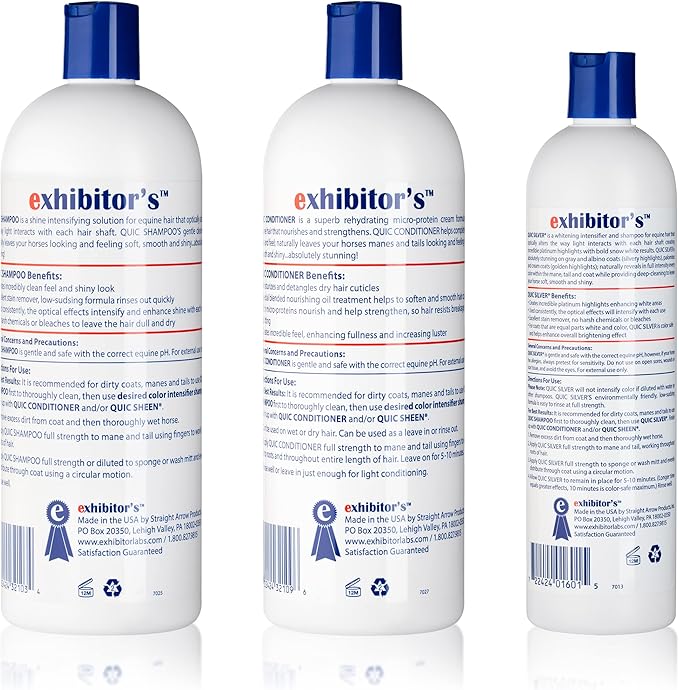 exhibitor's Quic Silver System Includes Quic Shampoo Quic Conditioner 32 Ounce Each Plus Quic Silver 16 Ounce for Dogs, Horses, Greys, Palominos, Cream Color Coats Silver Ash Highlights-PawvioPets