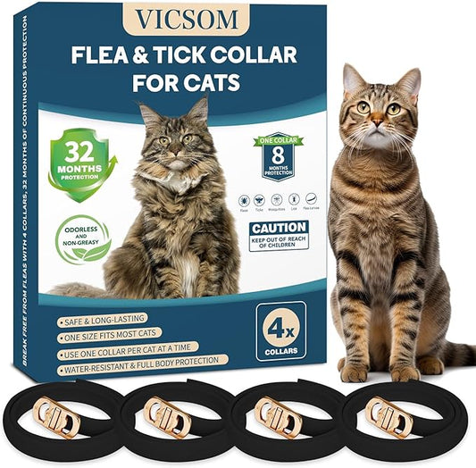 4 Pack Flea and Tick Collar for Cats, 32 Months Treatment, Waterproof Adjustable Kitten Flea Collar, Flea Prevention, Black-PawvioPets