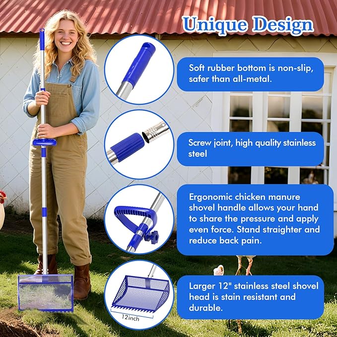 12 Inch Chicken Poop Scooper & Rake 2-in-1, Large Metal Shovel Head, Rubber Handle Stainless Steel Chicken Litter Scoop for Chicken Coops, Litter Screening Scoop (35 to 65in) US Patent Pending (Blue)-PawvioPets