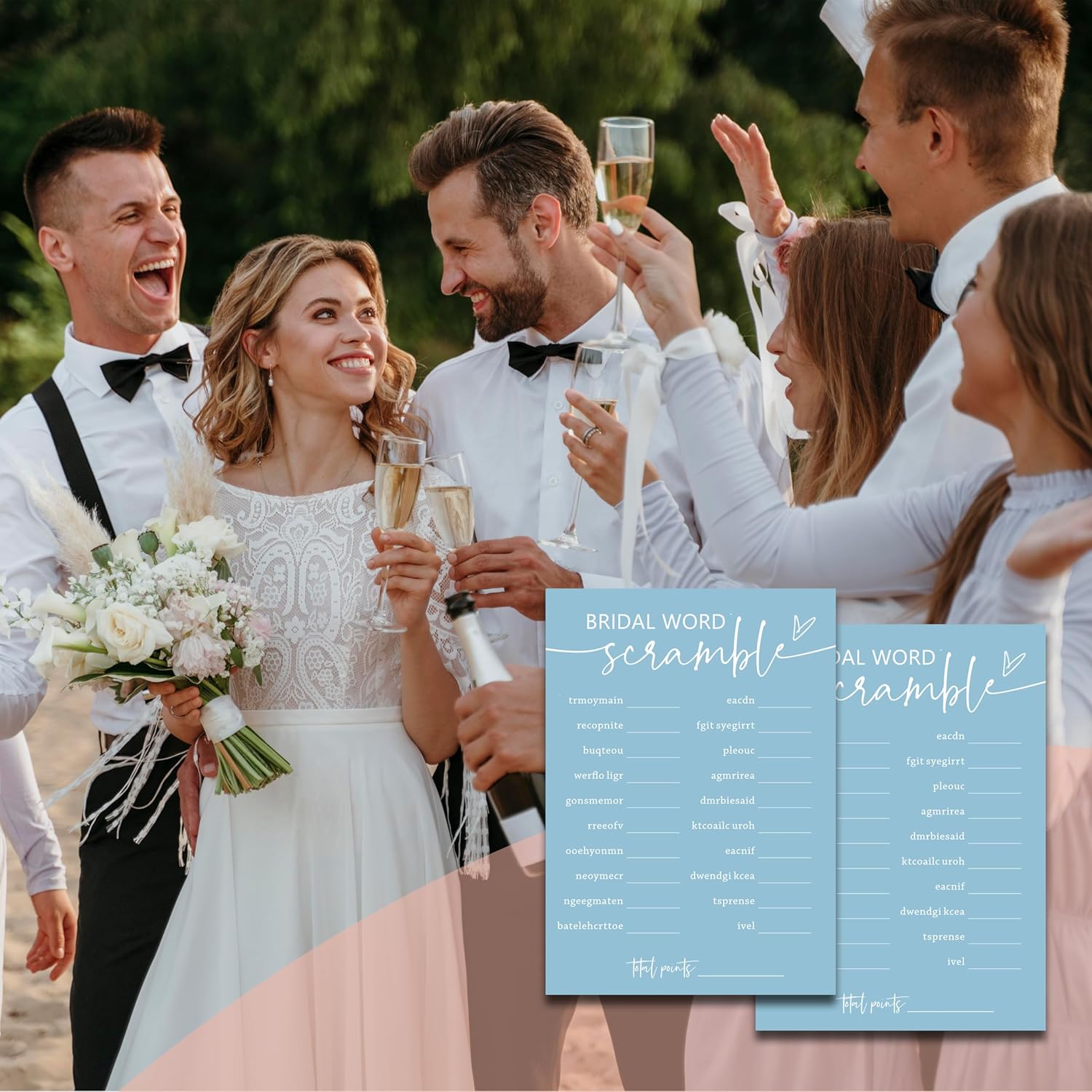 Minimalist Bridal Shower Games, 30 Light Blue Bridal Word Scramble Cards + 1 Answer Card, Wedding Bachelorette Engagement Party Supplies - A16