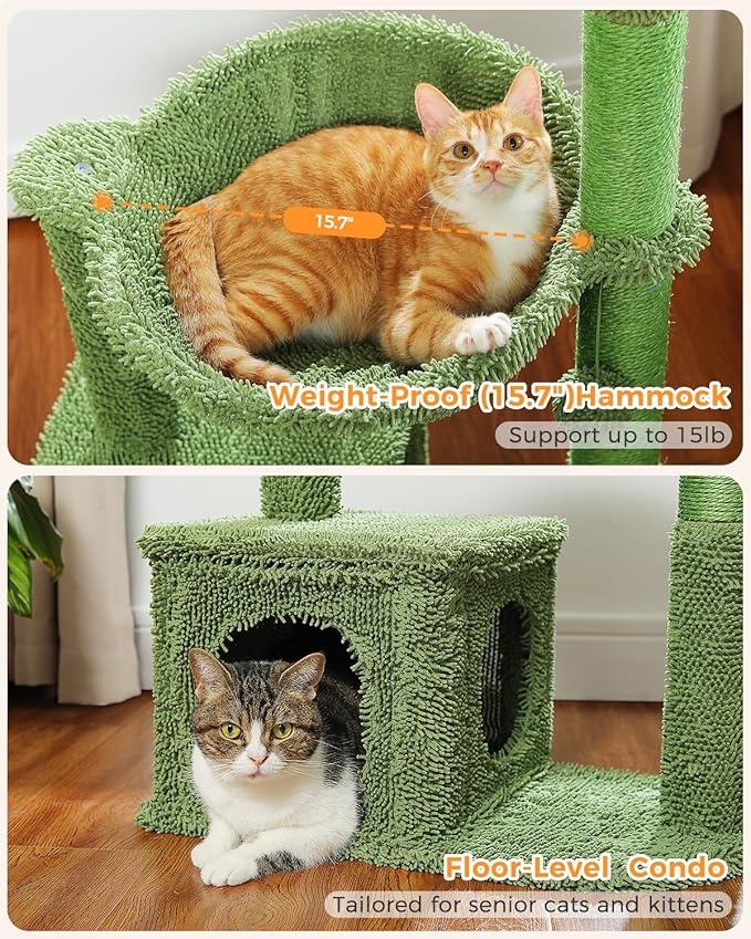 Cactus Cat Tree 40" Cat Tower with Large Metal Carpet Hammock, Cat Scratching Post for Indoor Cats with Condo & Replaceable Toy Ball, Green-PawvioPets