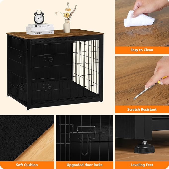 DWANTON Dog Crate Furniture with Cushion, Wooden Kennel Table with Double Doors, Indoor Dog House, Extra Large Size, 43.3" L, Black+Warm Brown-PawvioPets