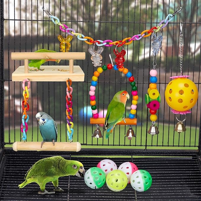11Pcs Bird Parakeet Toys Wooden Bird Platform Stands Swing Hanging Chewing Toy Parrot Climbing Ladder Colorful Bird Cage Toys for Parakeet, Conure, Cockatiel, Love Birds, Finches-PawvioPets