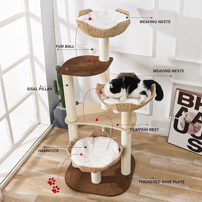 Big Modern Design Cat Tree Tower with White Cloud Mat, Unique Cat Supplies Tower with Scratching Post, Cute Wood Cat Tree Cat Furniture Activity Centre for Indoor Big Cats-PawvioPets