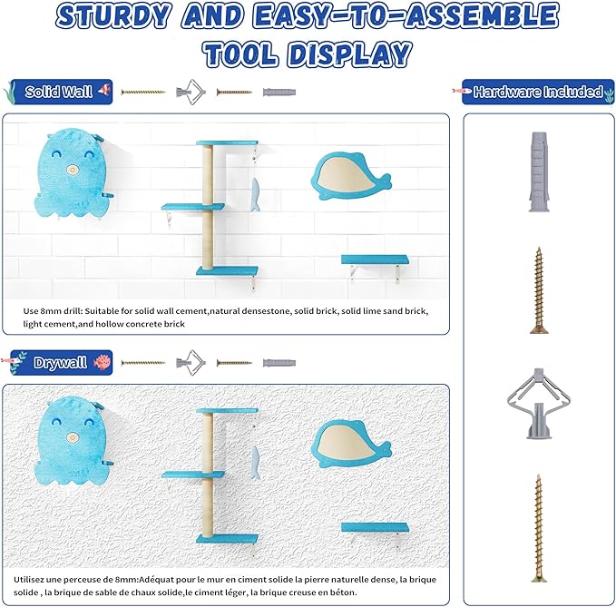 COZIWOW 4-Piece Wall-Mounted Cat Tree Set – Sturdy Wood Pet House, Scratching Board, Platforms, Sisal Posts & Blue Fish Charm – Ocean Blue-PawvioPets