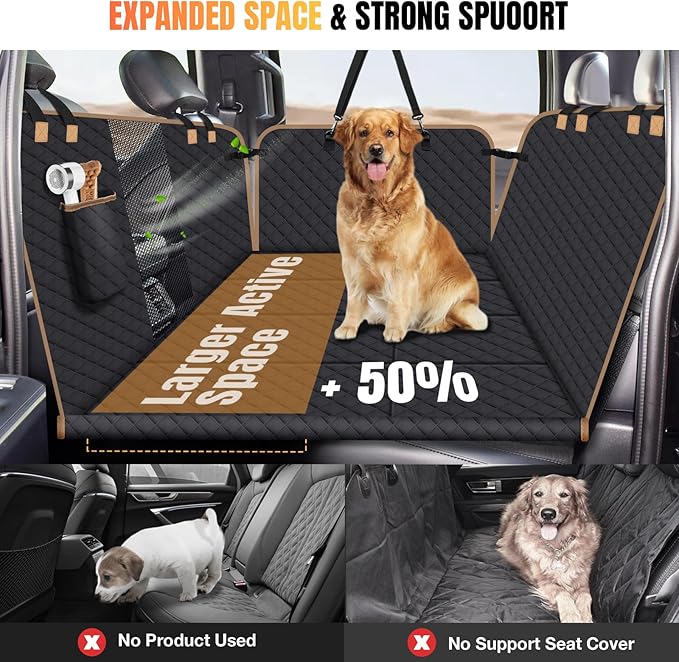 Dog Car Seat Cover for Back Seat, Dog Car Bed Cover with Strong Hard Bottom, Car Back Seat Extender Hammock for Car SUV Truck,4 Panels Black Large Size-PawvioPets