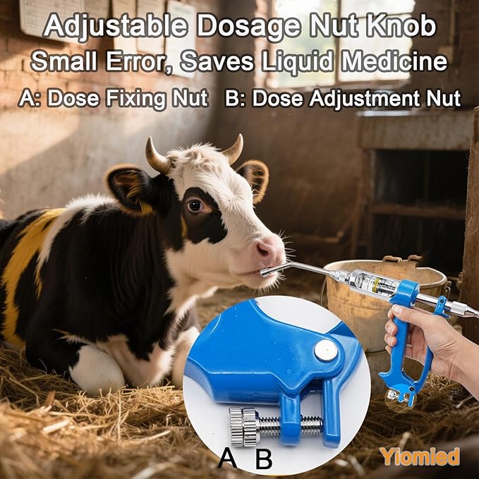 50ML Veterinary Metal Feeding Gun, Continuous Drench Gun Dosing Device Veterinary Adjustable Medicine Dispenser Husbandry Autonomous Feeding Tool, for Pig Cow, Sheep, Horse (Blue, 50ML+Kettle)-PawvioPets