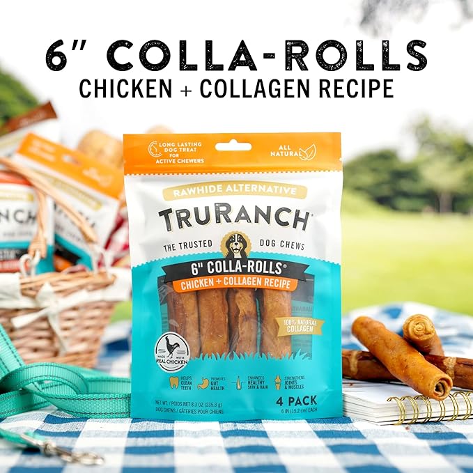 Collagen Rolls - 6" Collagen Rolls for Dogs - Long Lasting Healthy Joint Support - Rawhide Alternative - Skin & Coat Health - Made with Real Chicken, Value Pack, 3 Bags, 12 Count-PawvioPets