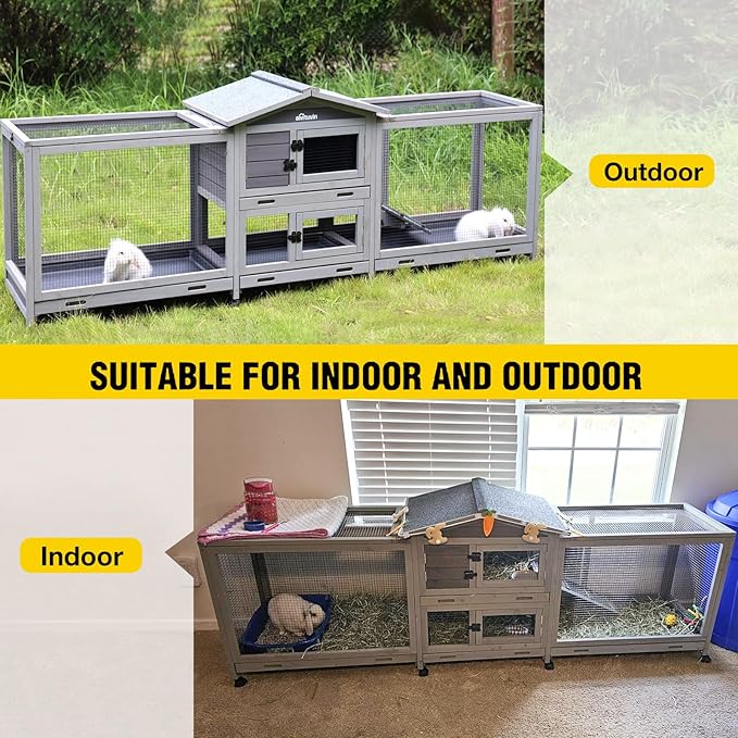 Aivituvin Rabbit Hutch Large 2-Story Bunny Cage Indoor Outdoor on Wheels Bunny House with Run,Pull-Out Tray-PawvioPets
