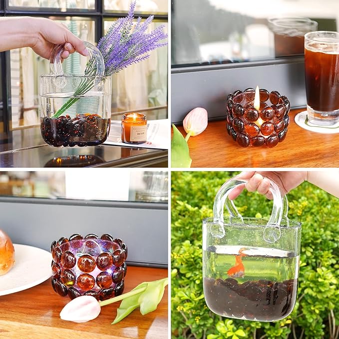 2LB Amber Flat Glass Marbles for Vases, Gemstone Beads Vase Filler Decorative Glass Pebbles for Fish Tank, DIY Crafts, Autumn Centerpieces, Aquarium Decor Rocks-PawvioPets