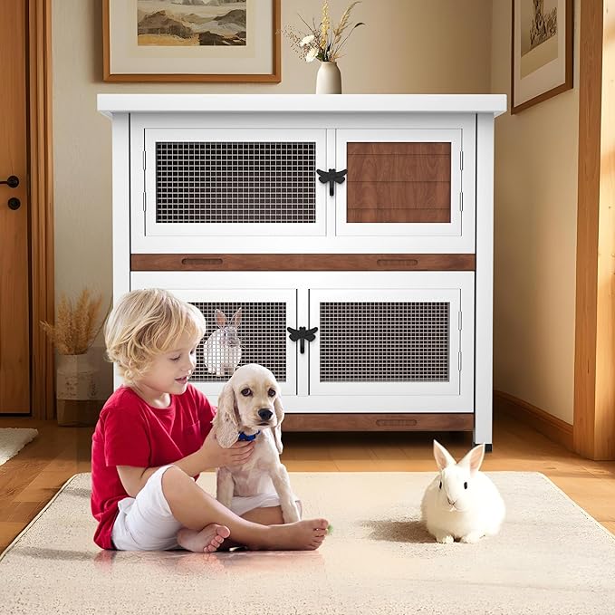 2 Story Rabbit Hutch, Indoor Outdoor Bunny Hutch Solid Wood Rabbit Cage with Removable Trays, Waterproof Asphalt Roofs and Ventilation Door, Small Animal House for Rabbit Guinea Pig Ferret, Walnut-PawvioPets