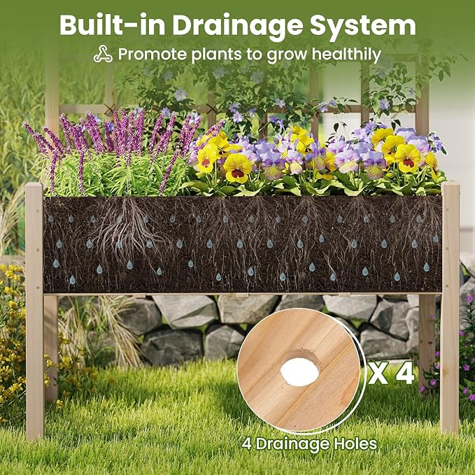 Giantex Raised Garden Bed with Trellis, Wooden Elevated Planter Box with Legs, Drainage Holes for Climbing Plants Vines Vegetables Flowers Herbs, Outdoor Horticulture Planter for Patio Yard (Natural)-PawvioPets