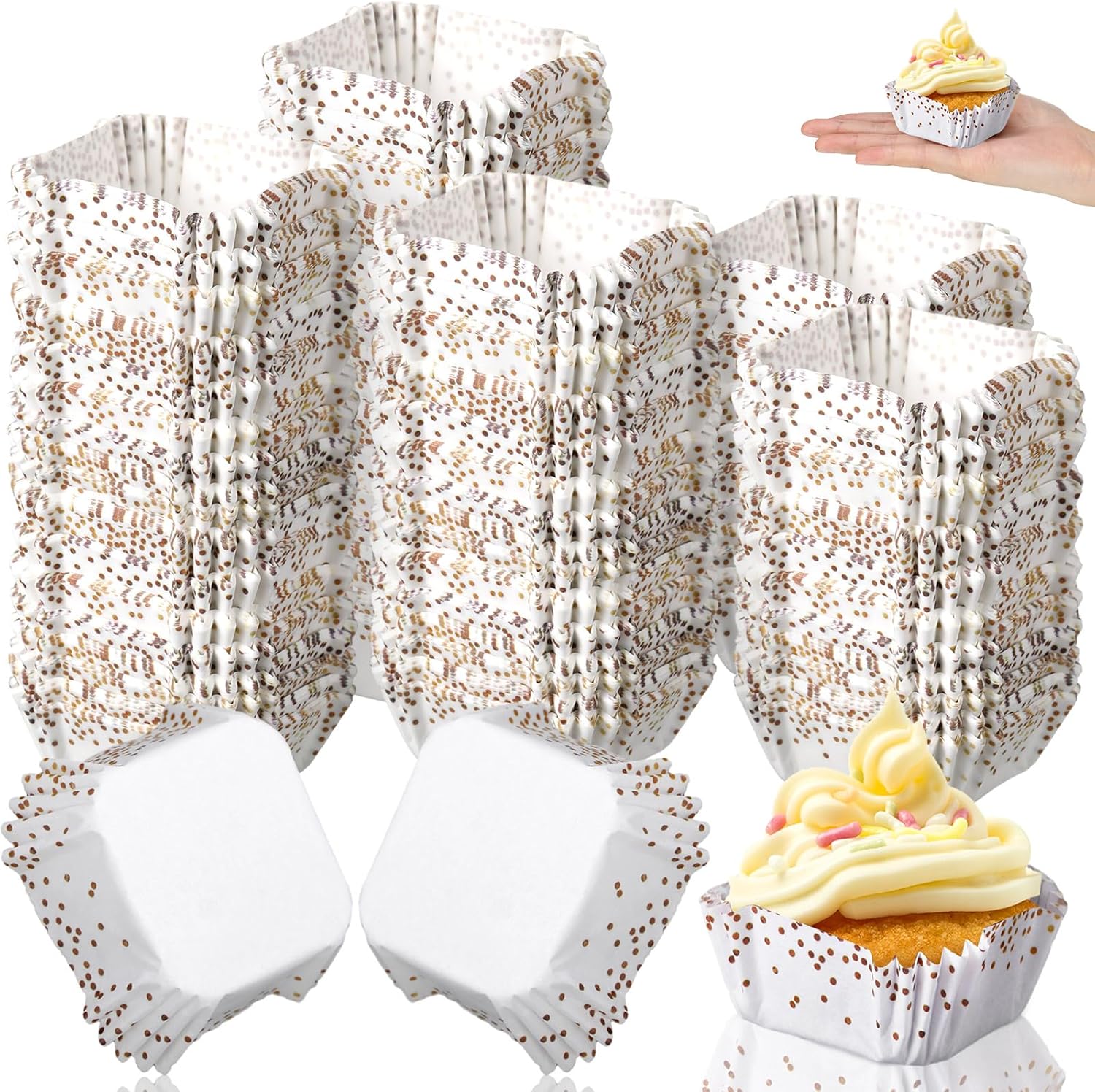 Tanlade 350 Pcs Square Mini Cupcake Liners Disposable Brownie Baking Pan Liners 1.77 Inch Paper Baking Cup for Cup and Cupcakes Party Supplies for Weddings Birthdays Bridal Showers(Gold Dots)