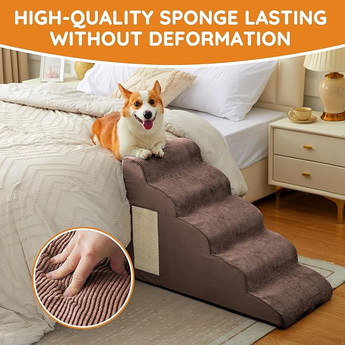 Dogs Steps for Bed, Dog Stairs for Small Dogs, 4-Step Dog Ramp for Bed, Couch, Sofa, and Chairs, Non-Slip Bottom Design, Cat Scratching, High Density Foam Portable Pet Step, Indoor, Coffee-PawvioPets