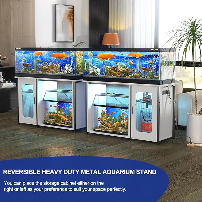55-75 Gallon Fish Tank Stand with Power Outlets & LED Light, Reversible Heavy Duty Metal Aquarium Stand with Cabinet for Fish Tank Accessories Storage, Turtle/Reptile Terrariums, White-PawvioPets