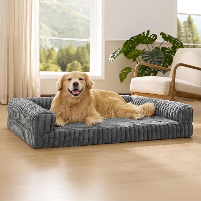 Bedsure Orthopedic Dog Beds for Extra Large Dogs, Waterproof Memory Foam XL Pet Bed with Sides, Non-Slip and Egg-Crate Foam Big Dog Couch Sofa with Washable Removable Corduroy Cover, Grey-PawvioPets