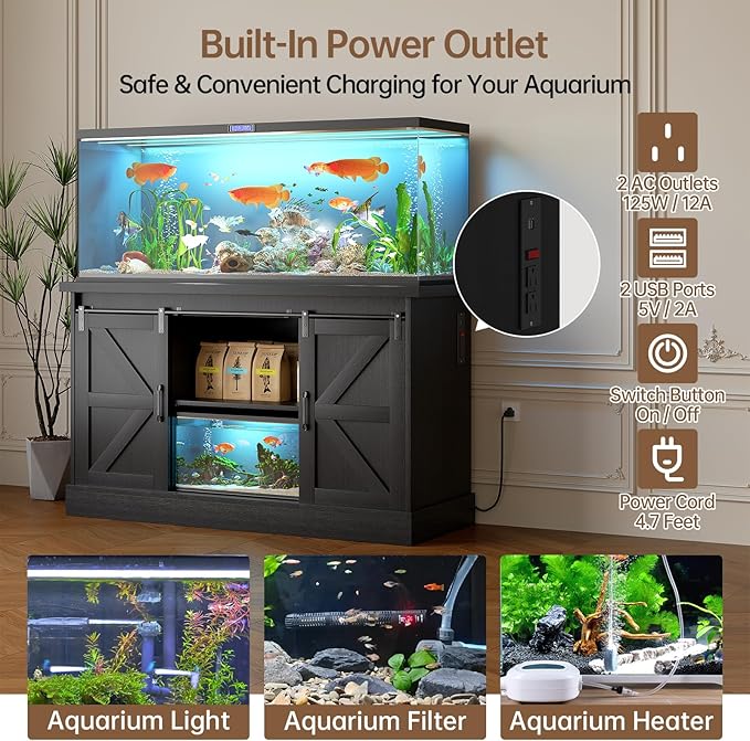 55-75 Gallon Fish Tank Stand with Sliding Barn Doors & Power Outlet, Heavy Duty Aquarium Stand with Cabinet Storage for Fish Tank, Turtle Tank, Reptile Terrarium, 1000LBS Capacity, Black-PawvioPets