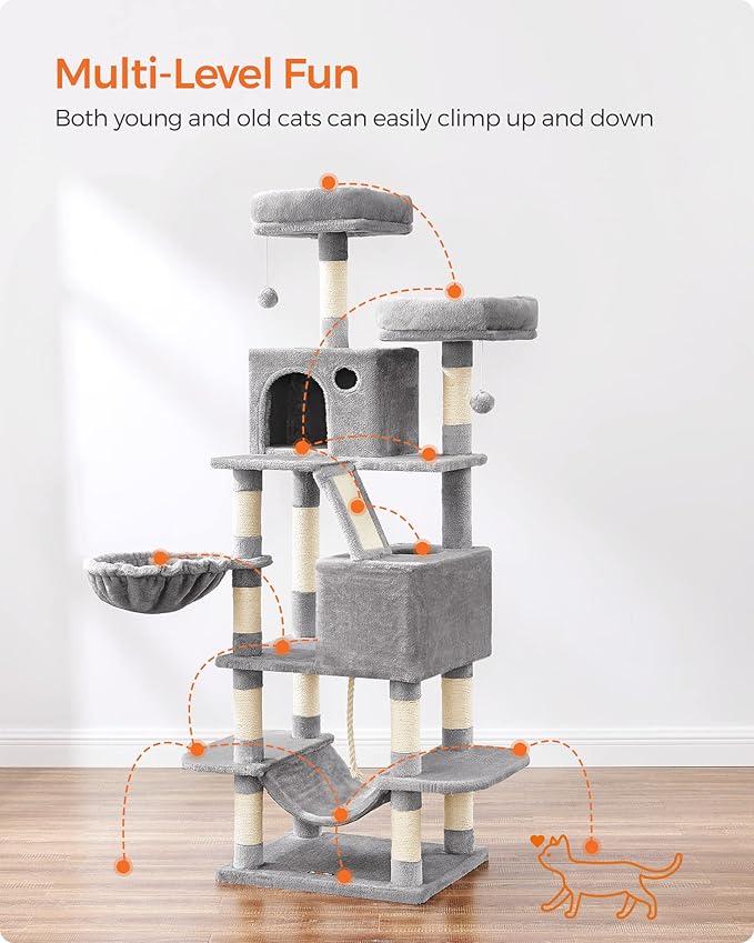 Feandrea Cat Tree, 66.1-Inch Large Cat Tower with 13 Scratching Posts, 2 Perches, 2 Caves, Basket, Hammock, Pompoms, Multi-Level Plush Cat Condo for Indoor Cats, Light Gray UPCT165W01-PawvioPets