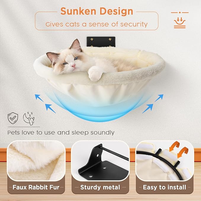 Cat Hammock Wall Mounted, Foldable & Stable Cat Beds- Breathable Cats Wall Shelves for Sleeping, Playing, Climbing, and Lounging - Maximum Hold Up to 30lb（Cream,Faux Rabbit Fur）-PawvioPets