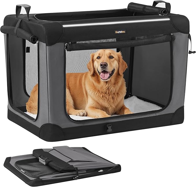 Feandrea Collapsible Dog Crate, 36-Inch Portable Dog Travel Crate for Large Dogs, Oxford Fabric Pet Carrier with 4 Mesh Doors, Handles, Storage Pocket, Water Bottle Holder, Ink Black UPDC019B01-PawvioPets
