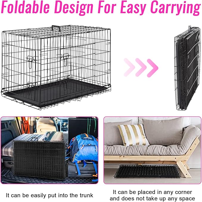 FDW Dog Crate for Large Dogs 48 Inch Folding Metal WirePet Cage Double Door W/Divider Panel Indoor Outdoor Kennel Leak-Proof Plastic Tray,Black-PawvioPets