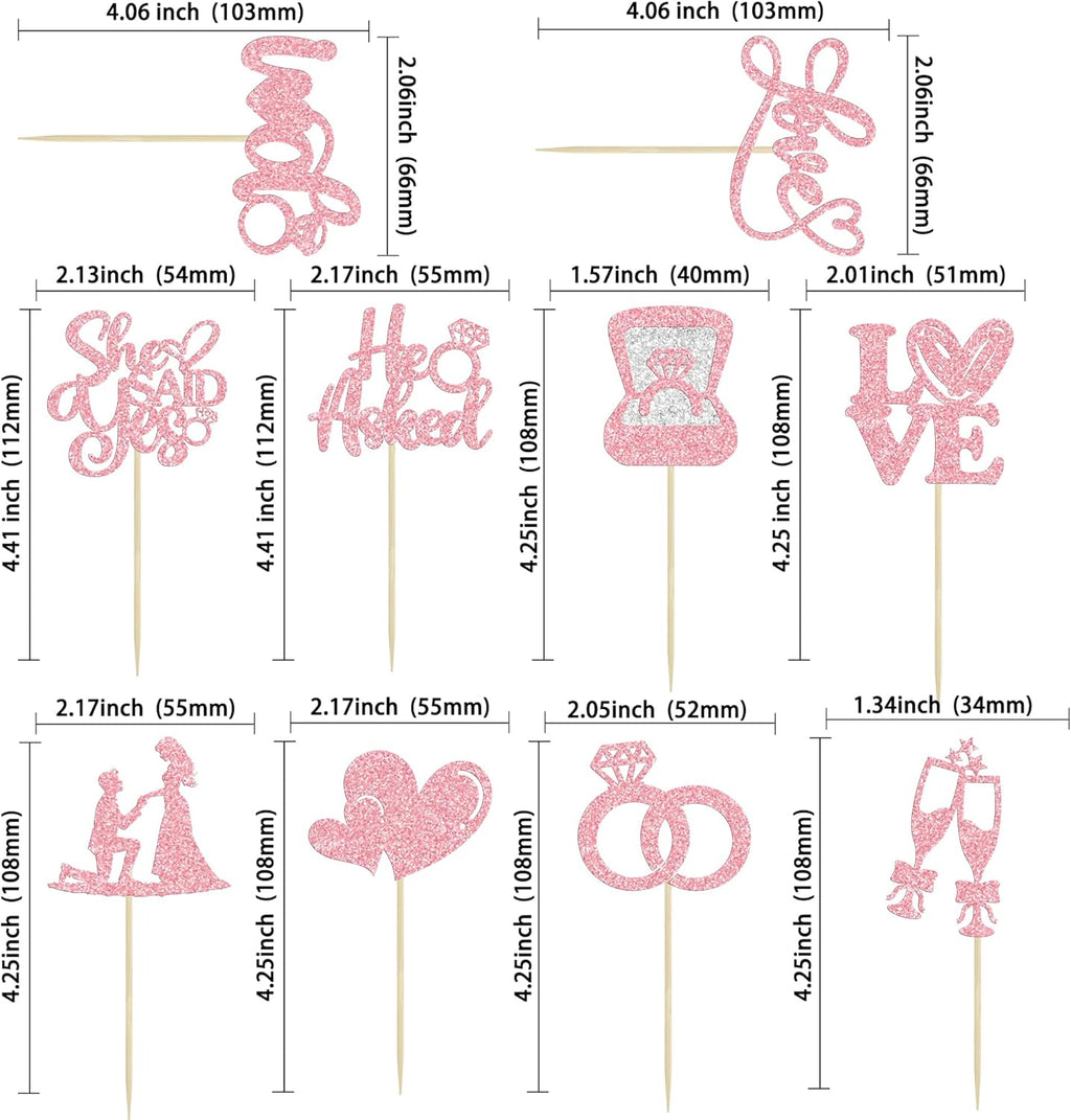 Ephlyn 30Pcs He Asked She Said Yes Cupcake Toppers Glitter Engagement Cupcake Toppers Diamond Ring Heart Love I Do Cupcake Picks for Engagement Wedding Party Cake Decorations Pink