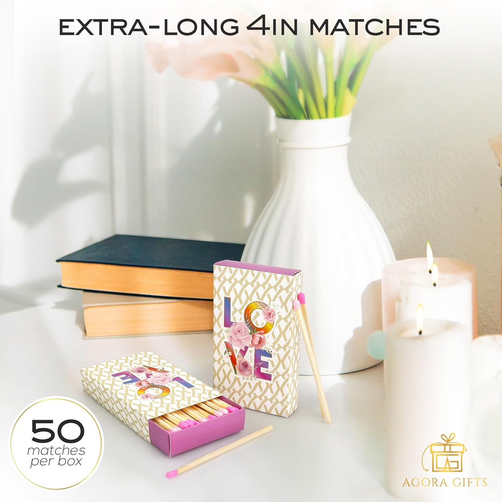Decorative Matches Box -4-Inch Long Matches for Candles with Strike - Wooden Colorful Candle Sticks with Rainbow Tips - 50 Pc Match Sticks - Matchbox Designs of Your Choice (6 Unique Box Designs)