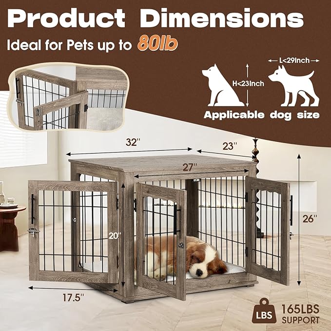 Dog Crate Furniture with Cushion, 32 inch Wooden Kennel Table with Double Doors, Indoor Dog House End Table for Small/Medium Dog, Grey (32x23x26in)-PawvioPets