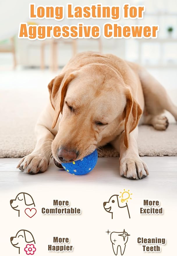 Dog Tennis Balls for Aggressive Chewers, Indestructible Durable Bouncy Interactive Toy for Dogs Fetch Game Lightweight Floating Outdoor Training(2 Yellow Point+ 2 Blue Cirle Medium)-PawvioPets
