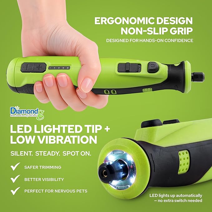 Diamondg Cordless Dog Nail Grinder with Quiet Sound & LED Tip for Large & Small Dogs, 4hrs. Runtime, 2 Bits Included, Green-PawvioPets